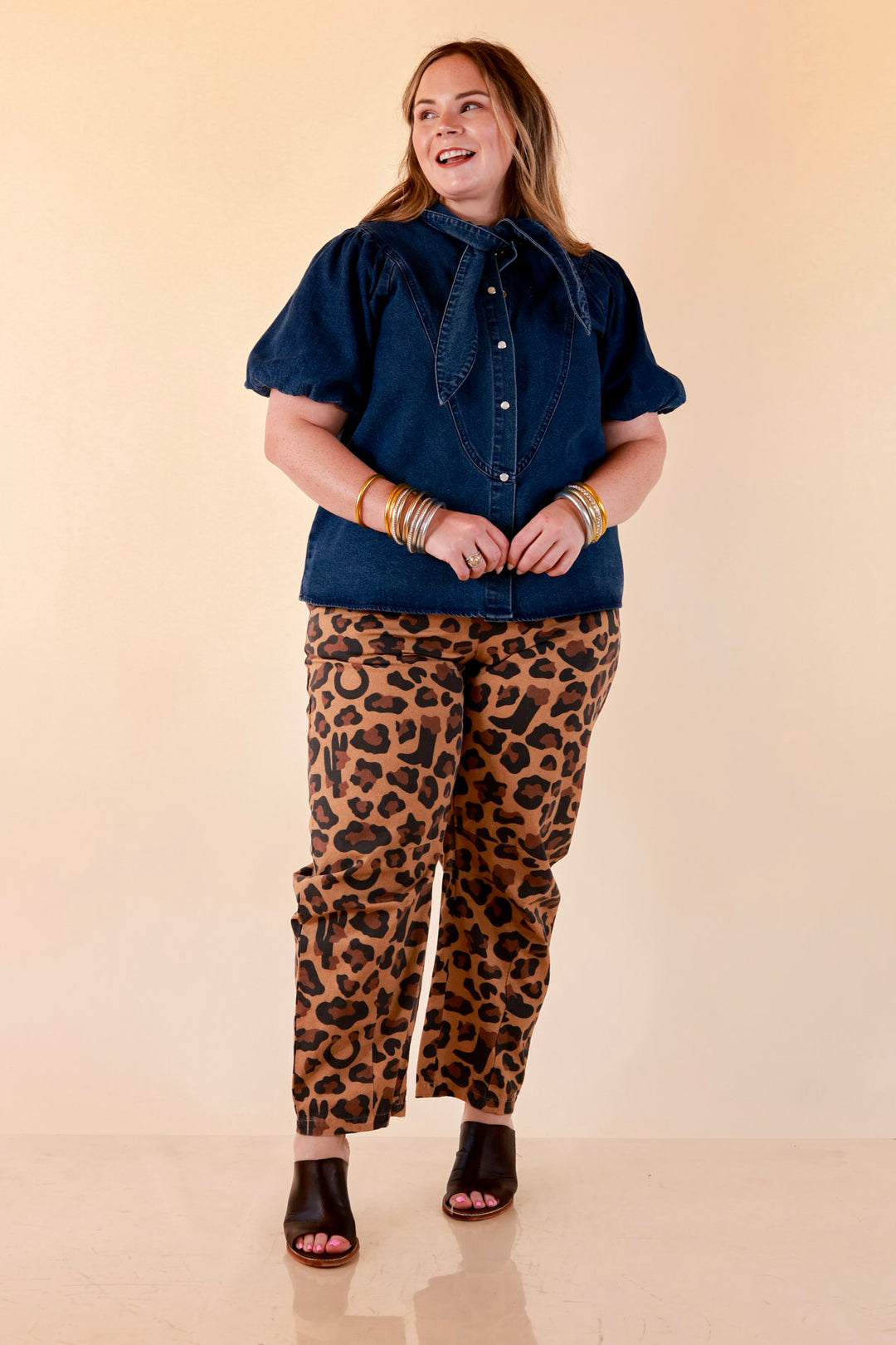 Modern Drama Leopard Print Wide Leg Barrel Jeans with Elastic Drawstring Waist in Camel Brown