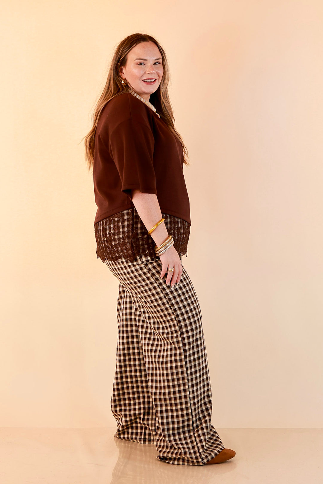 Laced with Charm Oversized Asymmetrical Lace Trim Boxy Top in Chocolate Brown