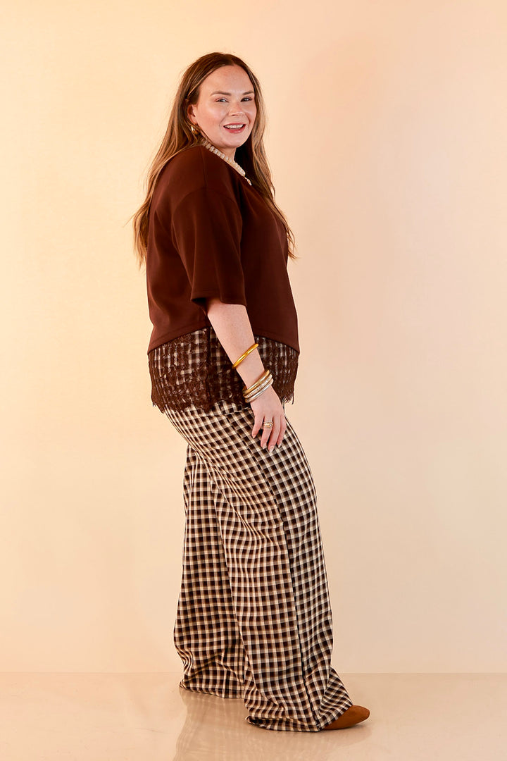 Laced with Charm Oversized Asymmetrical Lace Trim Boxy Top in Chocolate Brown