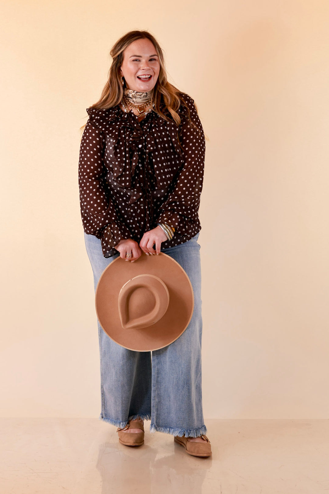 Finer Things Long Sleeve Sheer Ruffle Polka Dot Print Blouse with Balloon Sleeves in Chocolate Brown with White Dots