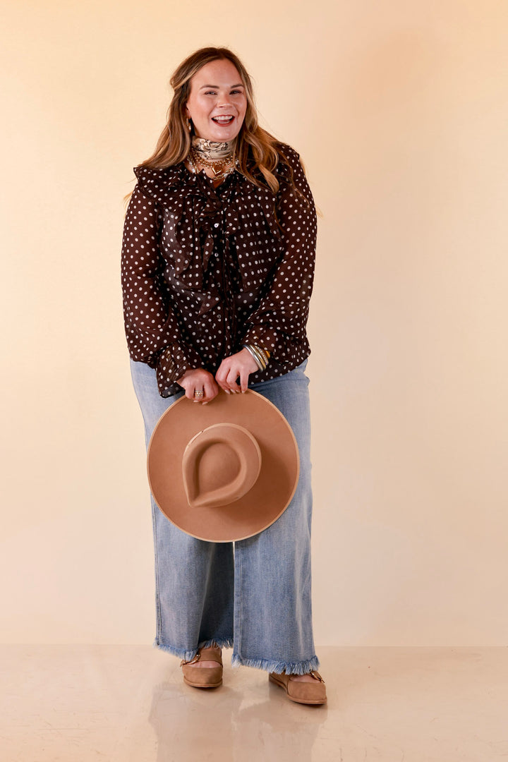 Finer Things Long Sleeve Sheer Ruffle Polka Dot Print Blouse with Balloon Sleeves in Chocolate Brown with White Dots