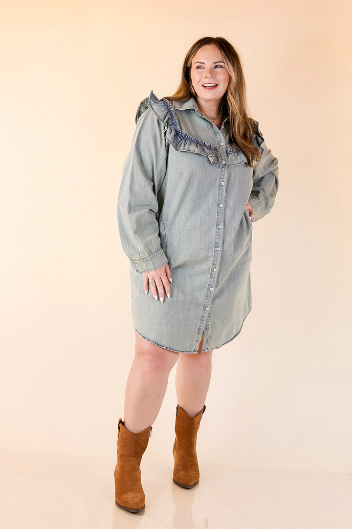 Blue Jean Beauty Denim Dress with Pockets and Ruffle Trim in Medium Wash