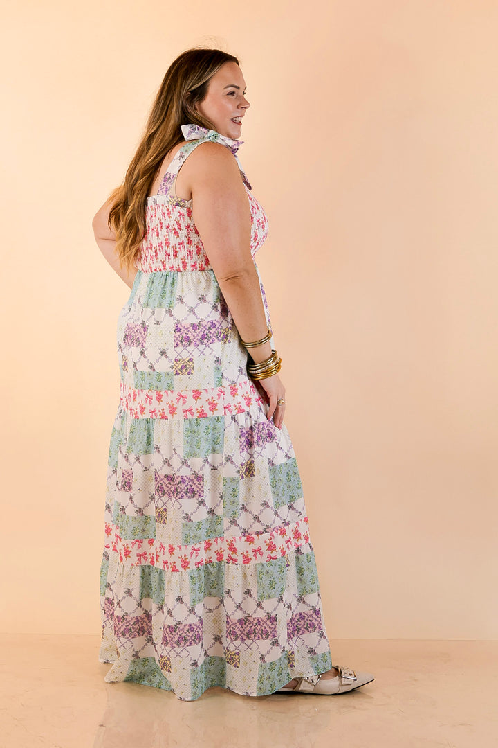 Simply Southern | Spring Symphony Patchwork Print Smocked Maxi Dress with Shoulder Ties and Tiered Skirt in Multi Floral