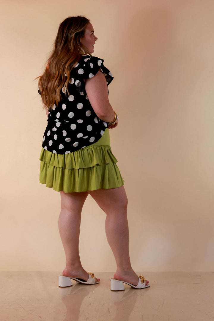 In Good Company Large Polka Dot Blouse with Ruffle Sleeves and Contrast Trim and Collar in Black with Cream Dots