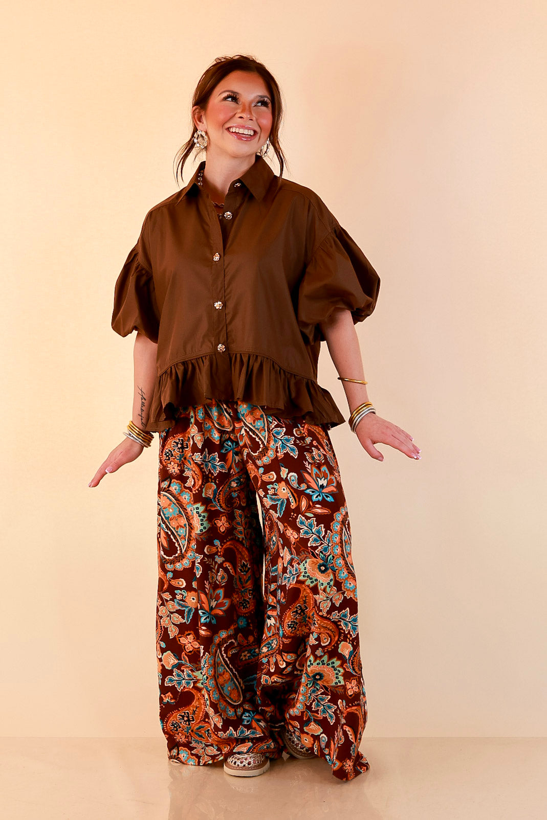 Free to Be Paisley Print Wide Leg Elastic Waist Pants in Chocolate Brown