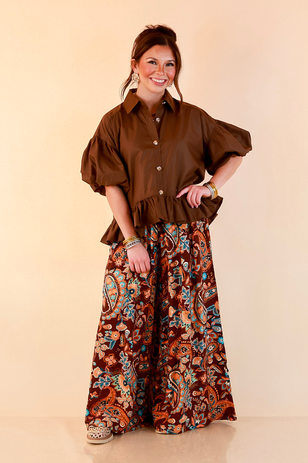 Style in Session Solid Button Down Peplum Bubble Sleeve Top in Chocolate Brown