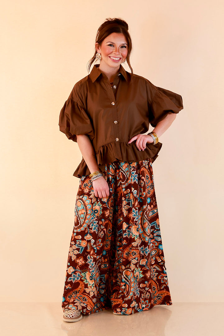 Style in Session Solid Button Down Peplum Bubble Sleeve Top in Chocolate Brown