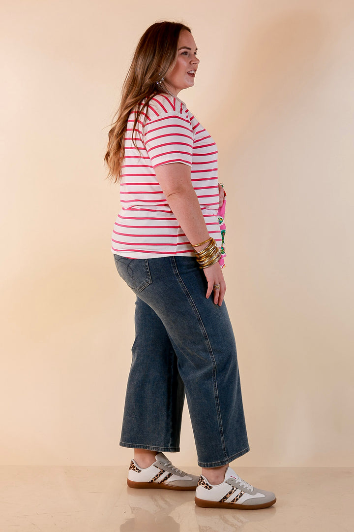 The Daily Stripe Scoop Neck Short Sleeve Striped Tee Top in Hot Pink