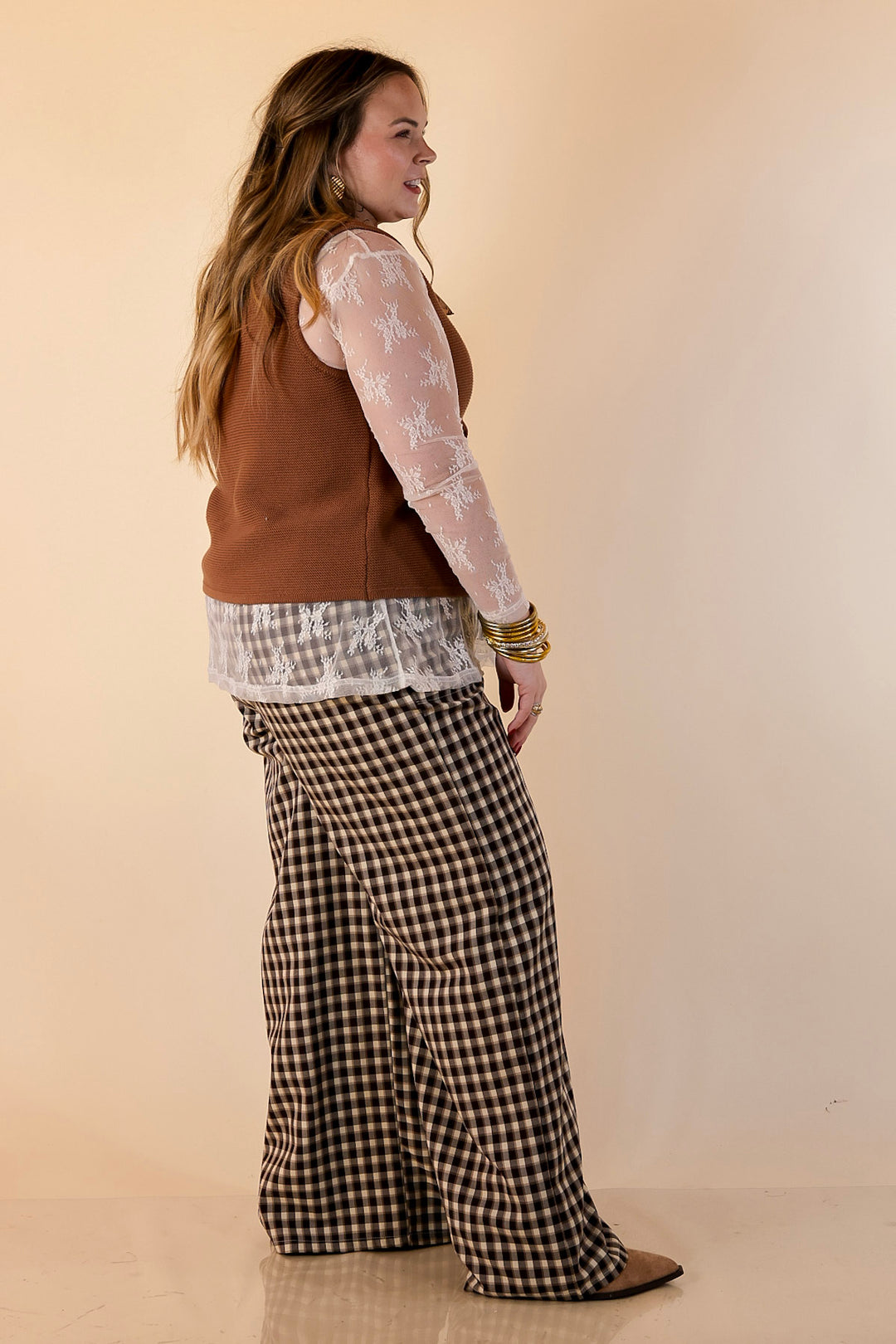 Pairs Well with Others Plaid Checkered Print Drawstring Pants with Elastic Waistband in Ivory