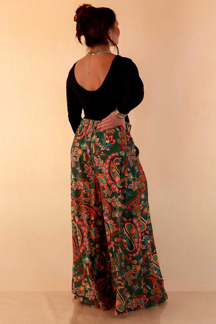 Free to Be Paisley Print Wide Leg Elastic Waist Pants in Olive Green