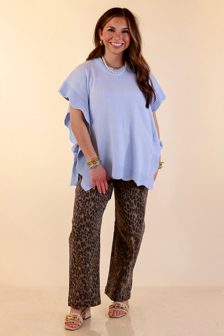 Mud Pie | Sweet Simplicity Scalloped Edge Side Tie Knit One Sized Poncho Sweater in Blue