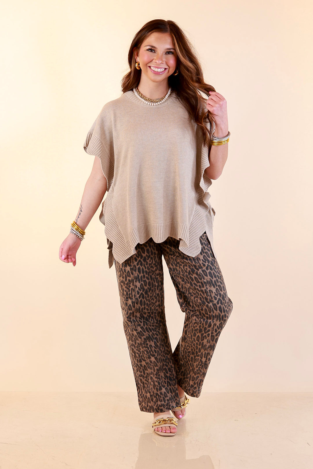 Mud Pie | Sweet Simplicity Scalloped Edge Side Tie Knit One Sized Poncho Sweater in Tan