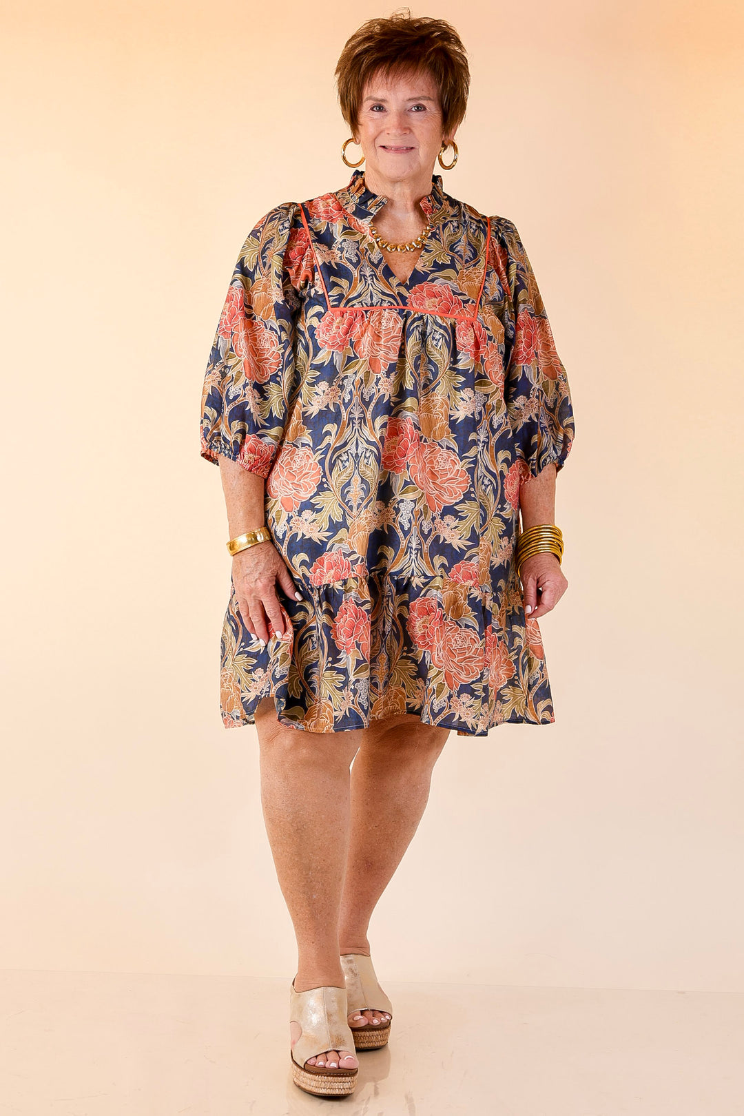 Blooming Days Ahead Floral Print V Neck Dress with Ruffle Trim Collar in Navy Mix