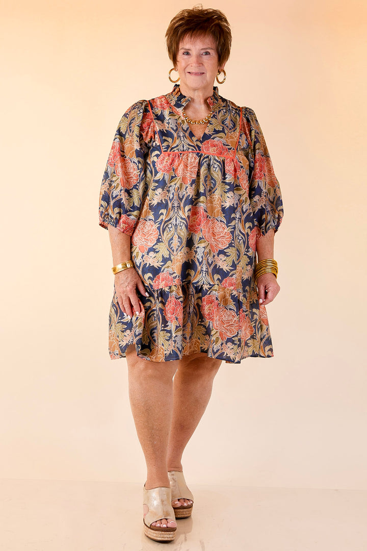 Blooming Days Ahead Floral Print V Neck Dress with Ruffle Trim Collar in Navy Mix