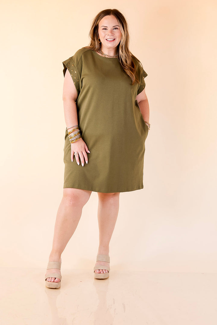 Graceful Glimpse Dress with Gold Stud Detail in Olive Green