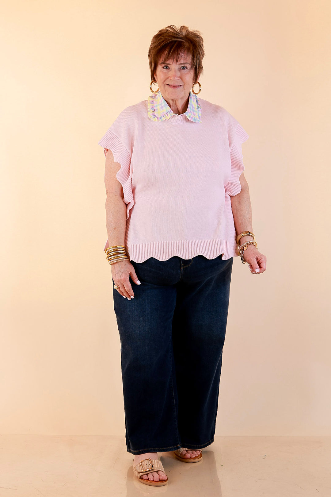 Mud Pie | Sweet Simplicity Scalloped Edge Side Tie Knit One Sized Poncho Sweater in Pink