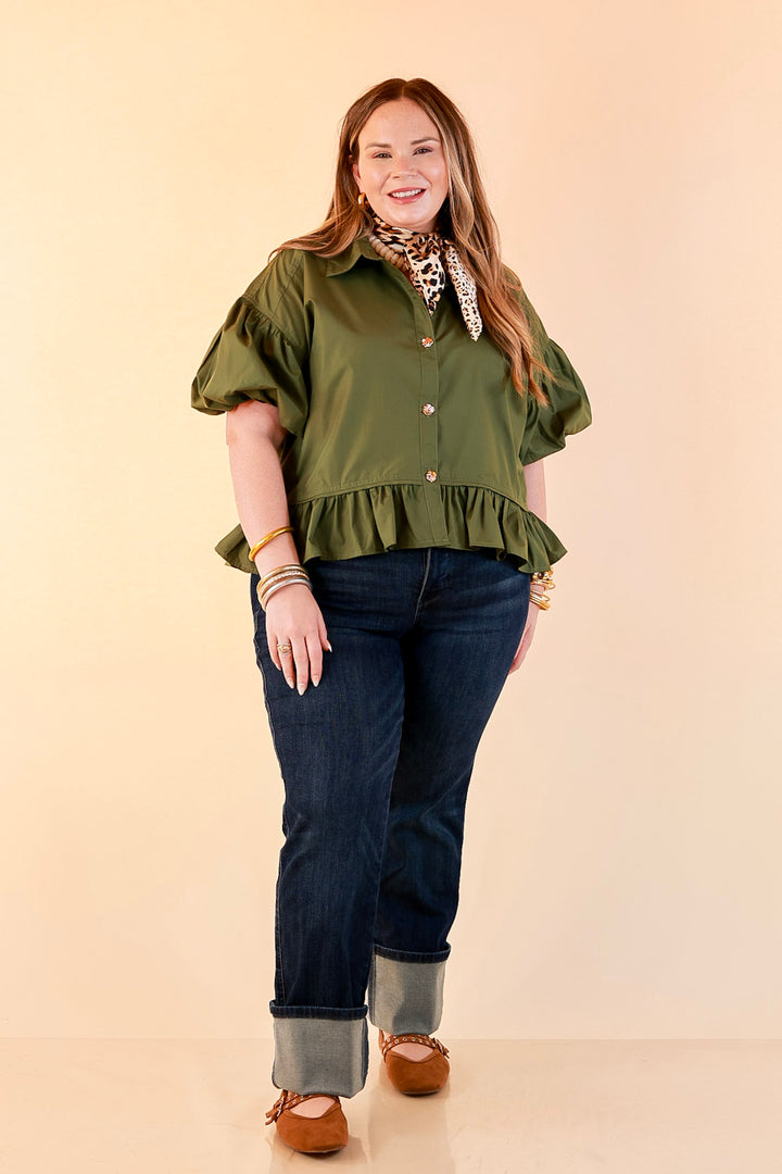 Style in Session Solid Button Down Peplum Bubble Sleeve Top in Olive Green