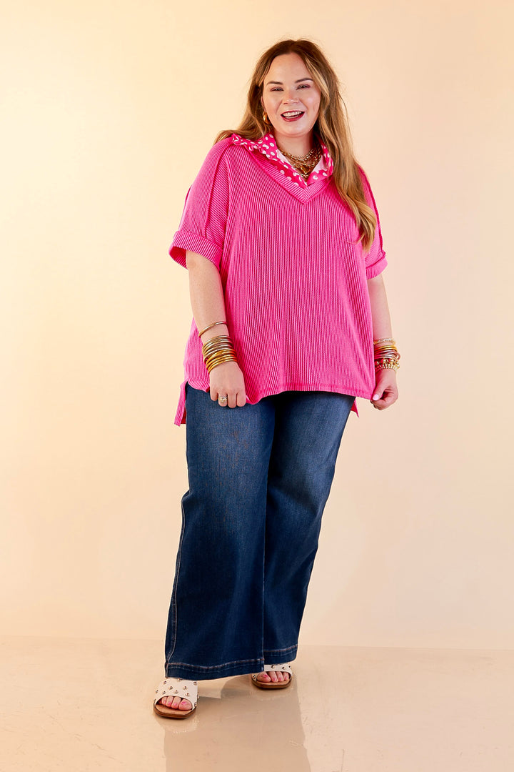 Daily Perfection V Neck Short Sleeve Ribbed Top in Hot Pink