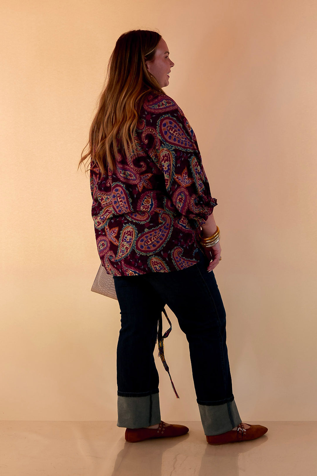 Caught My Eye Ruffle Contrast Stripe Detail Neck Balloon Sleeve Paisley Print Blouse in Plum Purple Mix