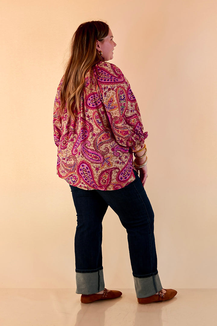 Caught My Eye Ruffle Contrast Stripe Detail Neck Balloon Sleeve Paisley Print Blouse in Fuchsia Pink Multi