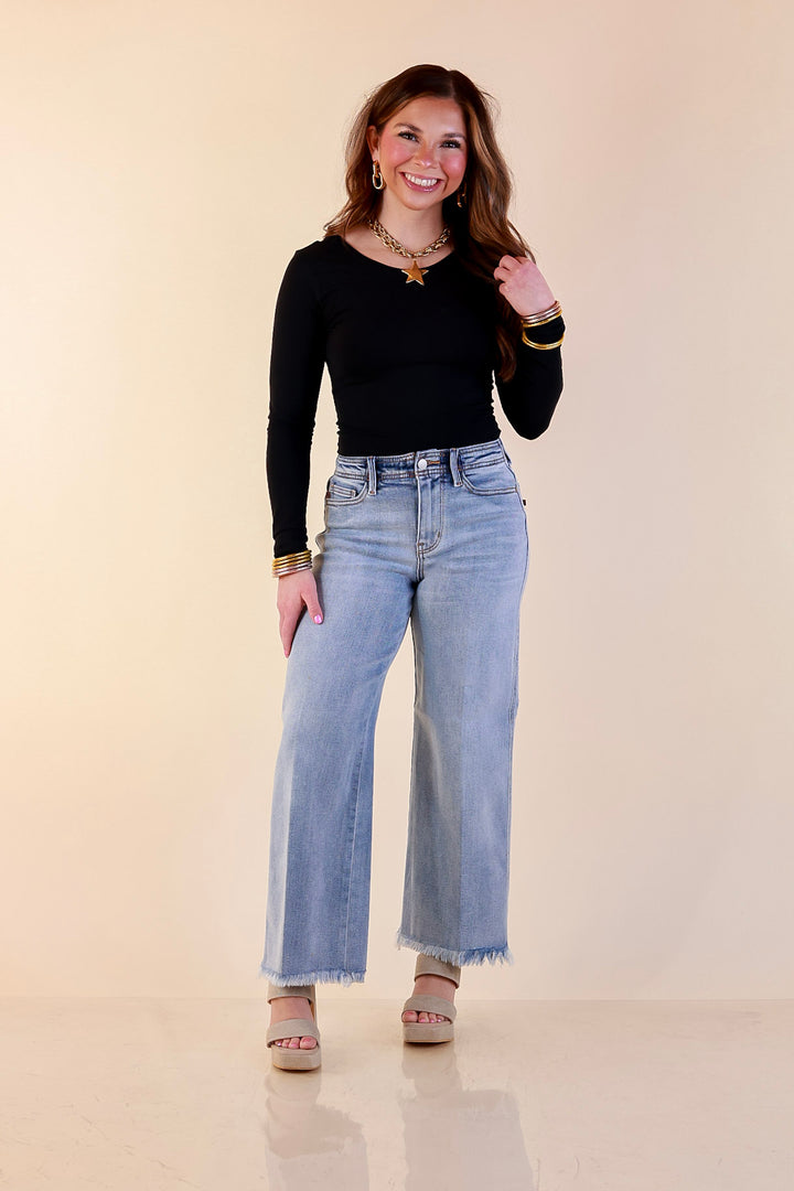 Judy Blue | Lighten the Mood Release Hem Cropped Wide Leg Jeans in Light Wash
