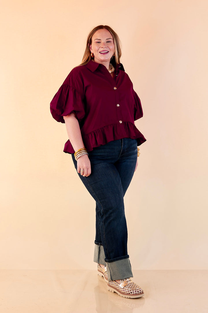 Style in Session Solid Button Down Peplum Bubble Sleeve Top in Maroon