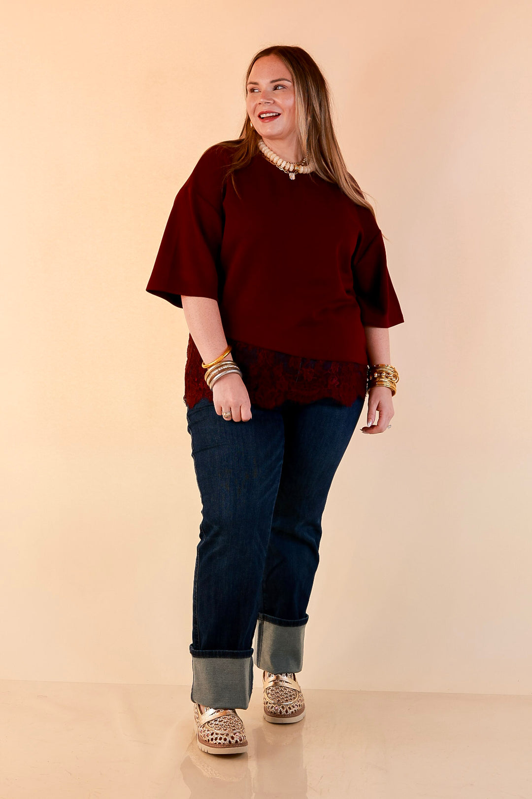 Laced with Charm Oversized Asymmetrical Lace Trim Boxy Top in Maroon
