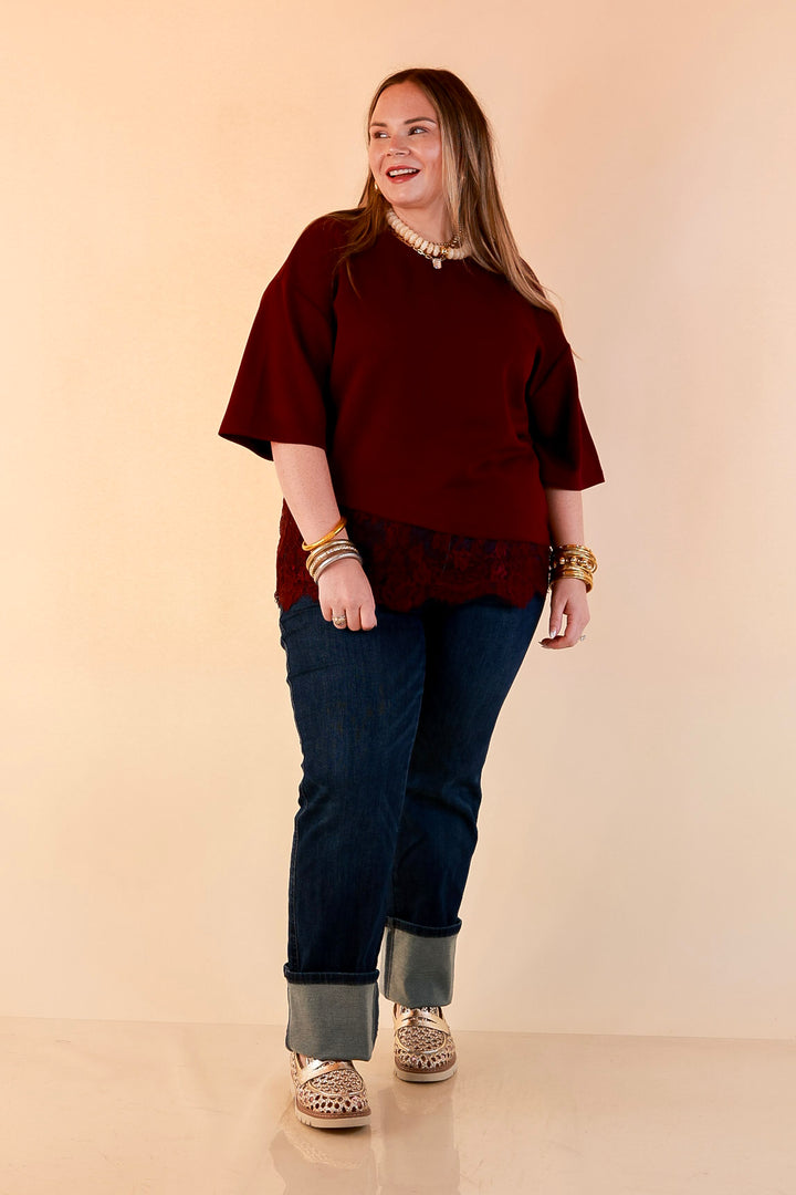 Laced with Charm Oversized Asymmetrical Lace Trim Boxy Top in Maroon