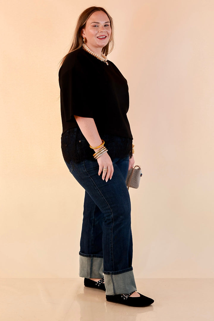 Laced with Charm Oversized Asymmetrical Lace Trim Boxy Top in Black