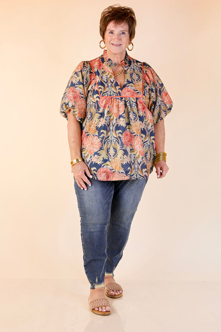 Blooming Days Ahead Floral Print V Neck Blouse with Puff Sleeves and Ruffle Trim Collar in Navy Mix