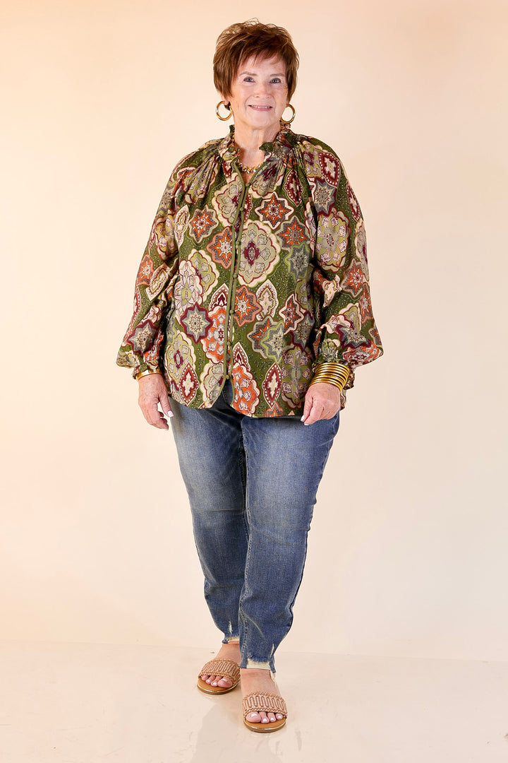 Mosaic Muse Boho Mosaic Print Long Balloon Sleeve Blouse in Olive Green, Maroon and Rust Orange