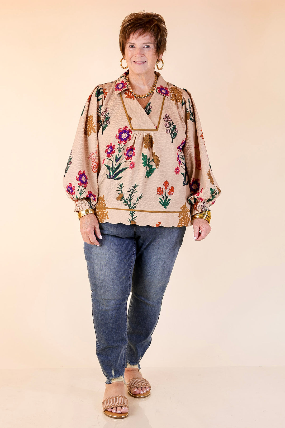 Garden Soirée Floral Print Collared Blouse with Long Balloon Sleeves in Tan