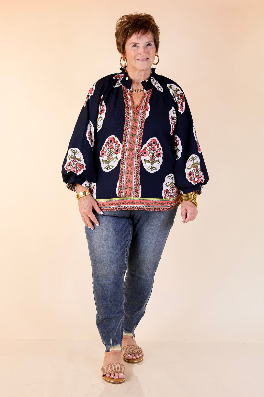 Farmer's Market Flair Floral Print V Neck Blouse with Long Balloon Sleeves in Navy