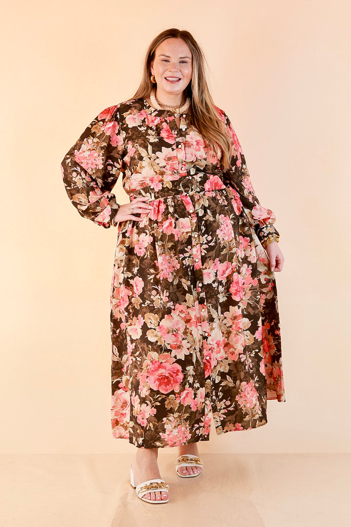 Written in the Roses Long Sleeve Floral Button Front Belted Midi Dress in Olive Green Multi