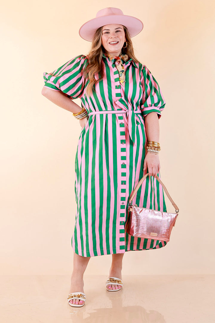 Palm Springs Pretty Puff Sleeve Button Front Belted Midi Dress with Stripe Print in Pink and Kelly Green