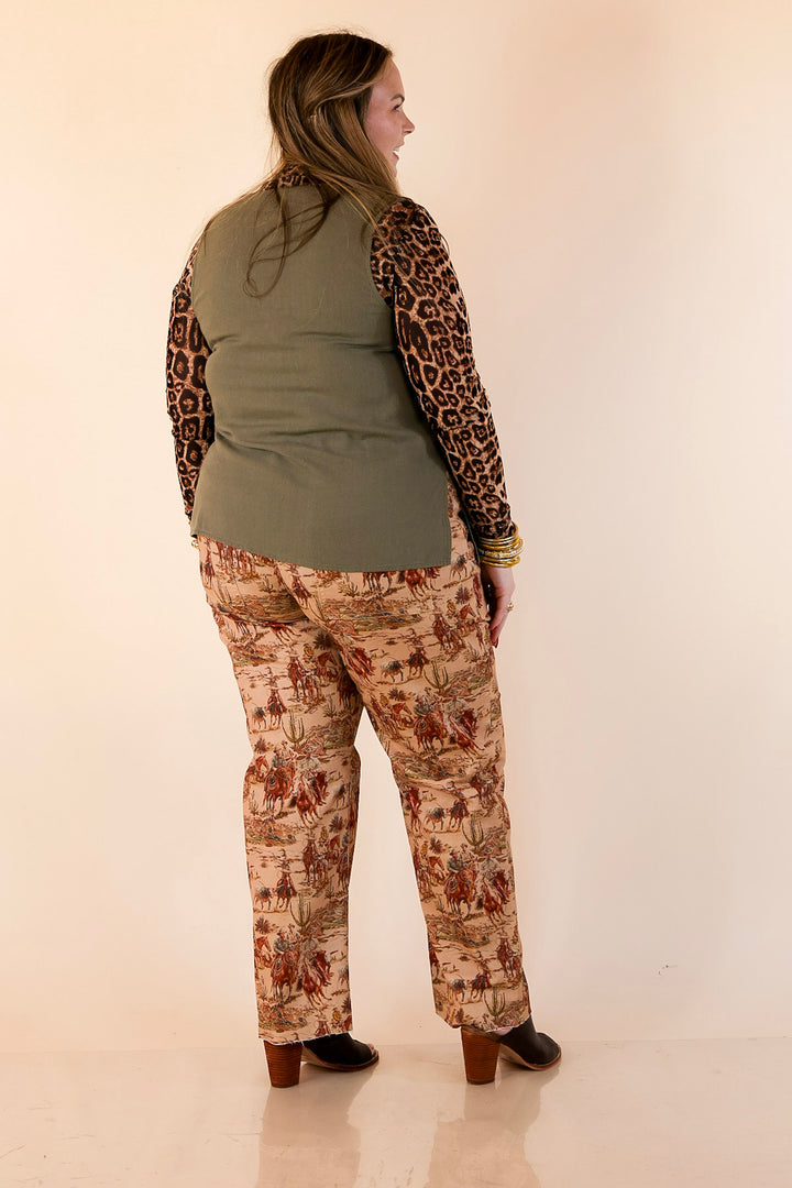 Story of the West Straight Leg Raw Hem Western Print Pants in Taupe Brown