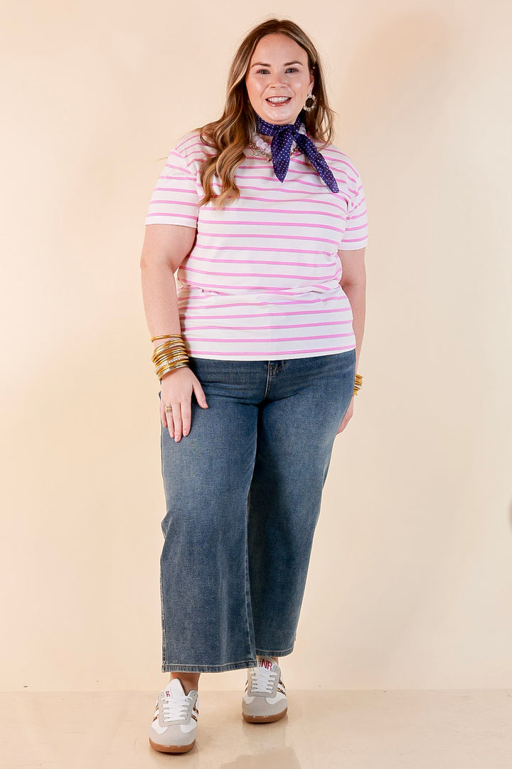 The Daily Stripe Scoop Neck Short Sleeve Striped Tee Top in Lilac Pink
