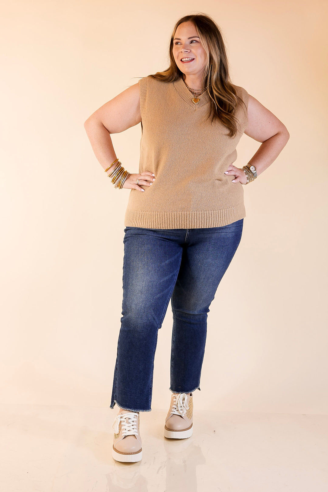 Vested Interest Knit V Neck Sweater Vest in Oatmeal Taupe