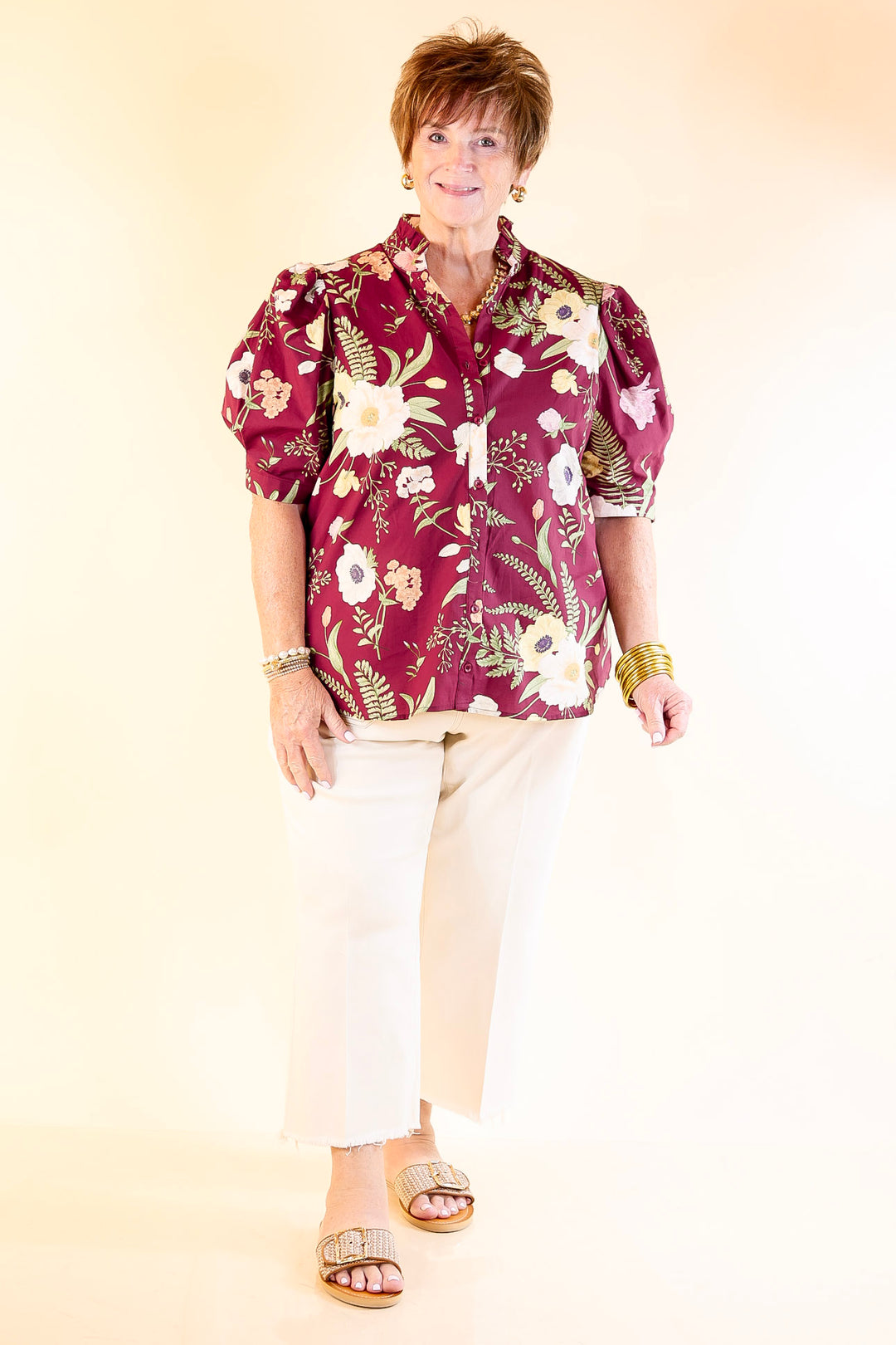 First Glance Button Up Puff Sleeve Floral Print Top in Maroon