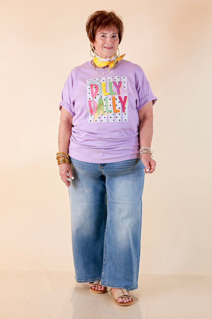 Here for the Fun "Dilly Dally" Stripe, Star and Polka Dot Print Short Sleeve Graphic Tee in Lavender Purple