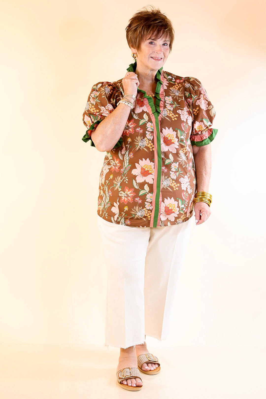 Endless Elegance Ruffled V Neck Floral Print Top in Brown, Mauve and Green