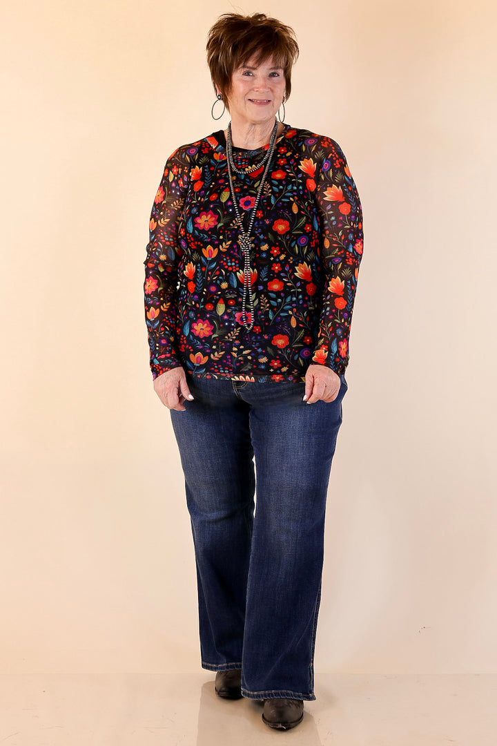 The Perfect Layer Colorful Floral Fiesta Print Mesh Long Sleeve Top in Black
