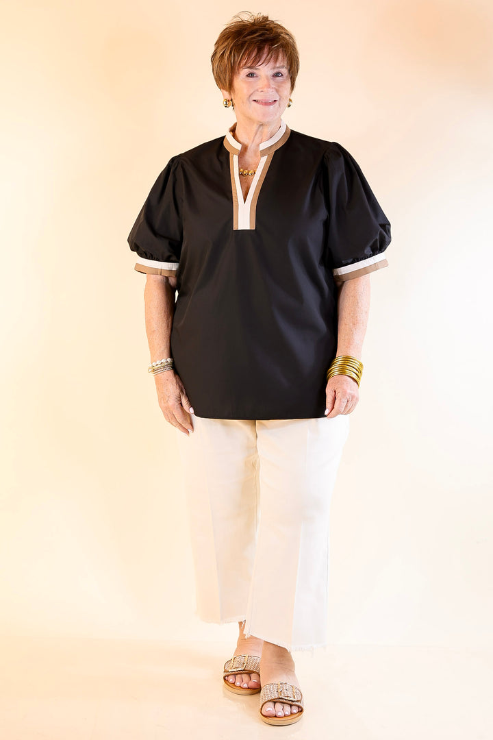 Standout Style V Neck Top with Short Balloon Sleeves and Natural Color Trim in Black