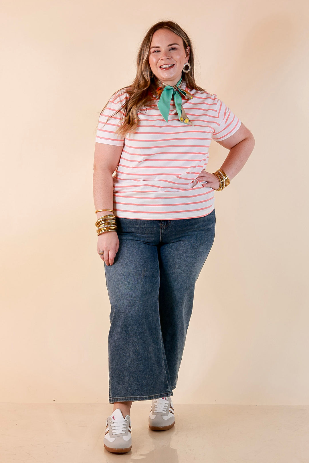 The Daily Stripe Scoop Neck Short Sleeve Striped Tee Top in Coral Orange