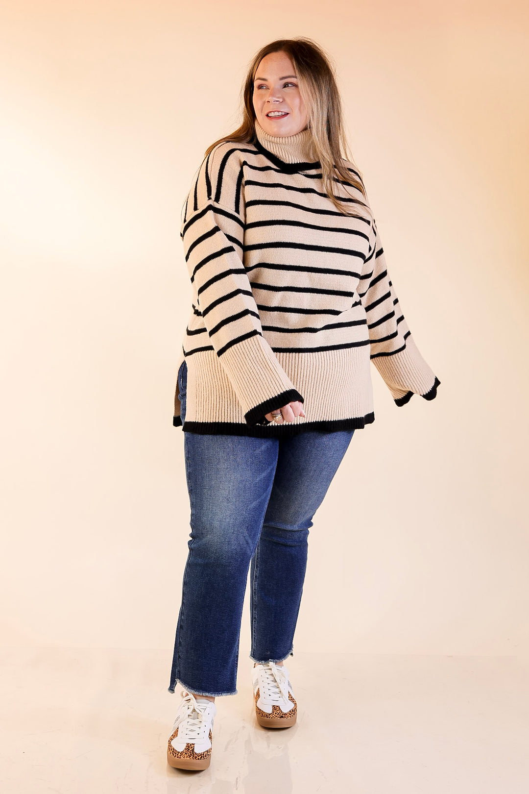 Mud Pie | Dunn Turtleneck Sweater with Black Stripes in Tan