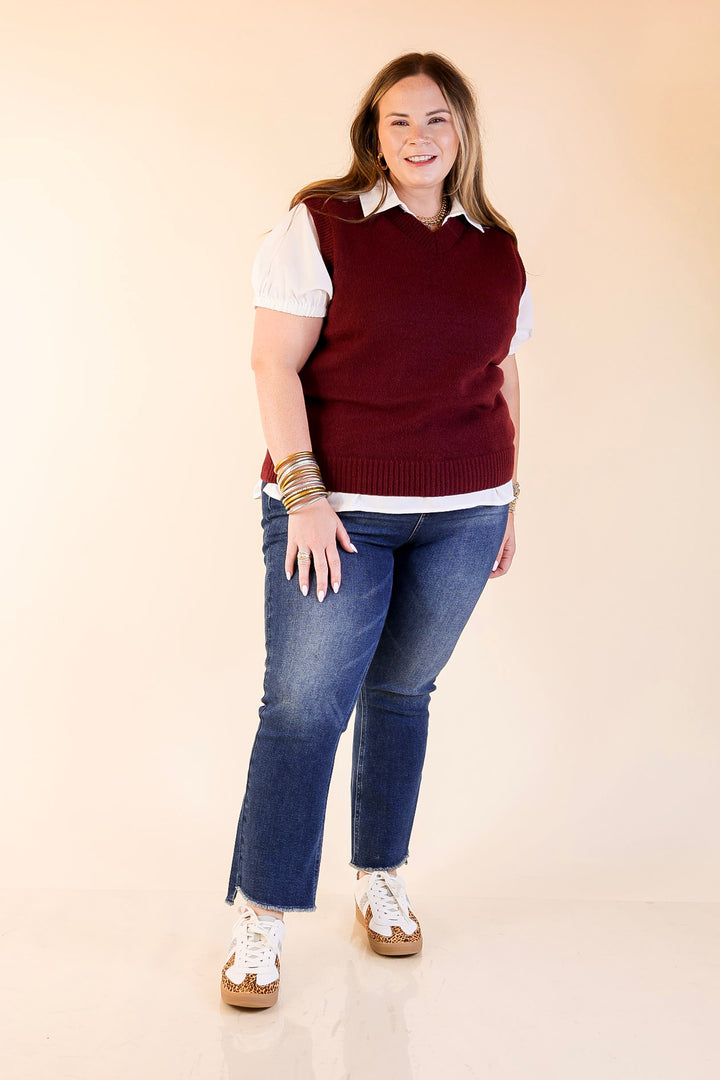 Vested Interest Knit V Neck Sweater Vest in Maroon