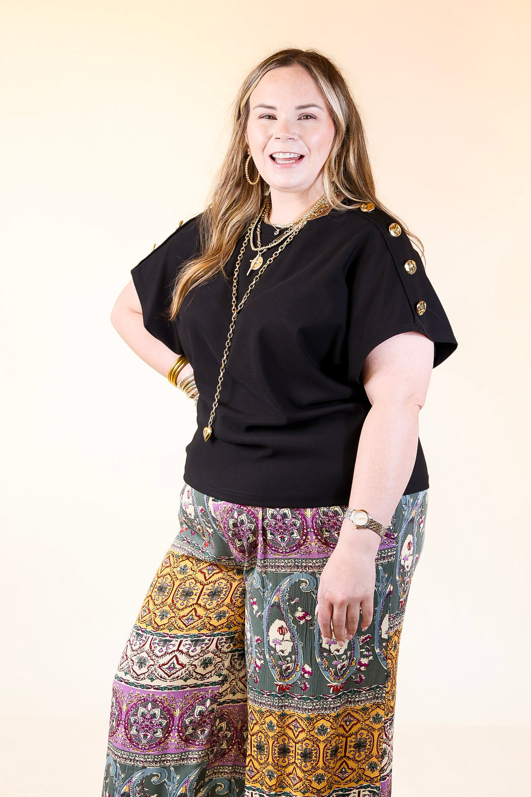 Golden Hour Glow Ribbed Crew Neck Top With Gold Button Detailing in Black