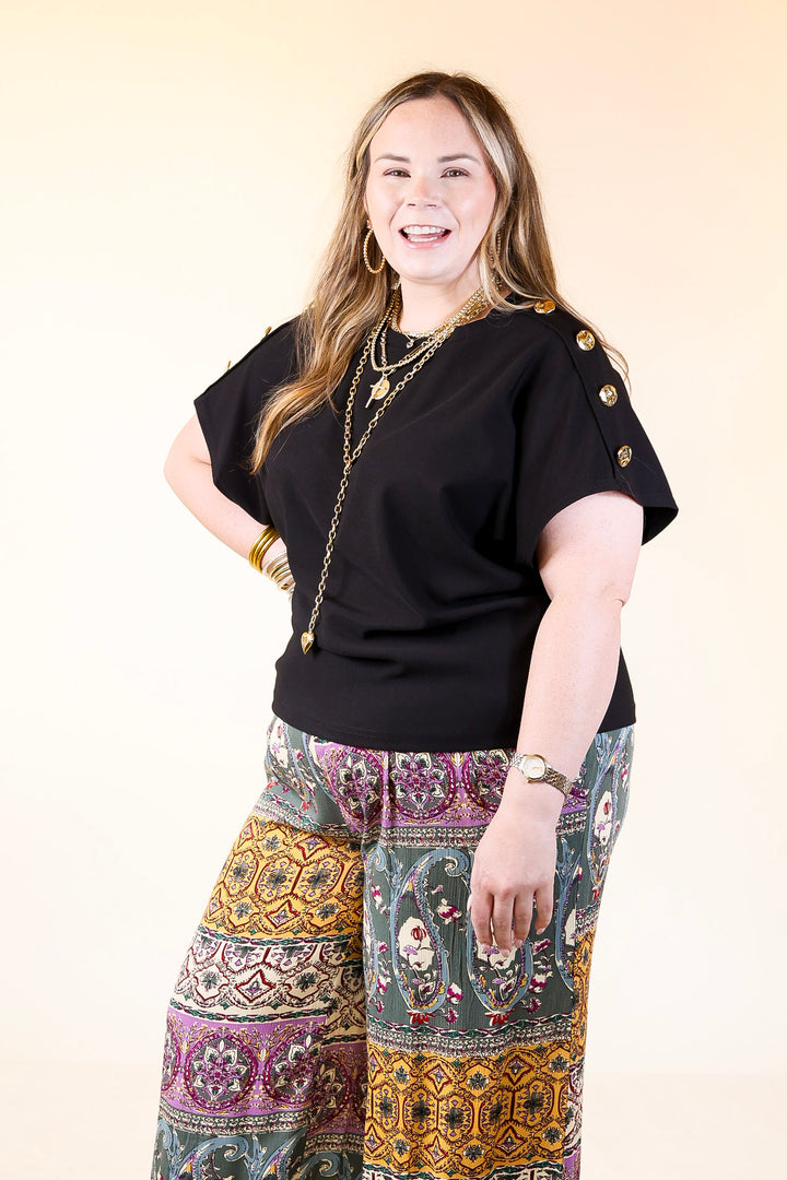 Golden Hour Glow Ribbed Crew Neck Top With Gold Button Detailing in Black