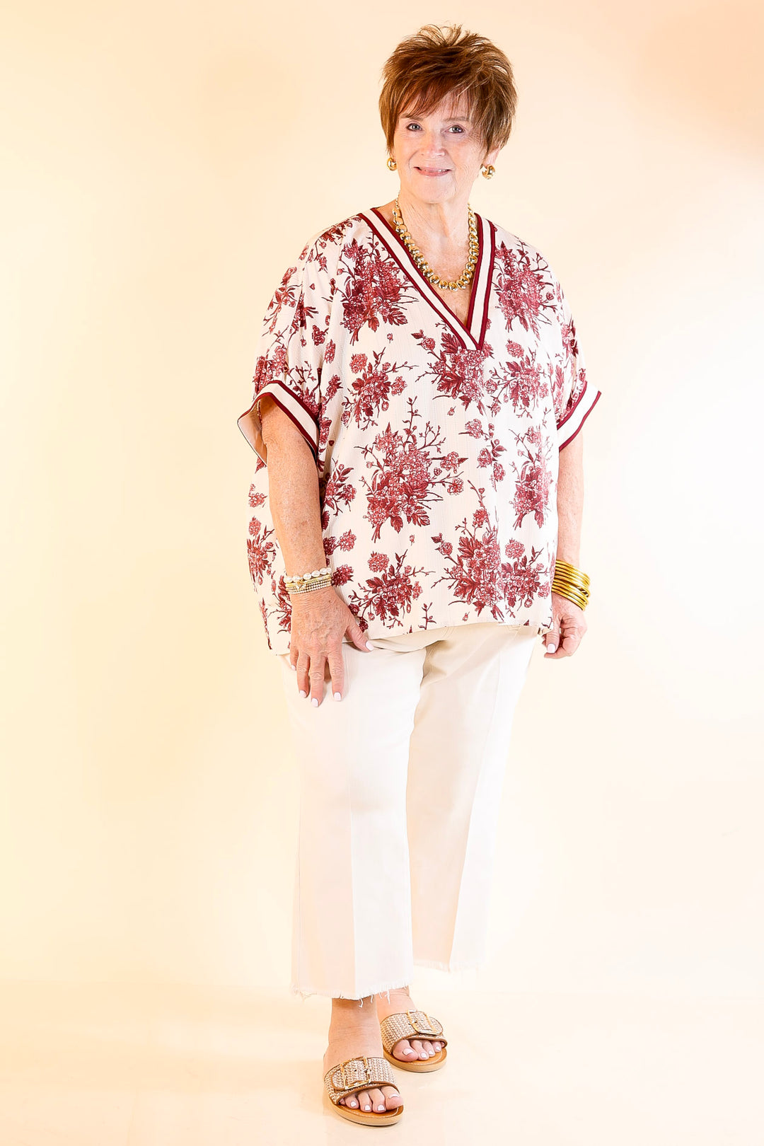 Chic Rewind V Neck Placket Floral French Toile Short Sleeve Top in Maroon and Ivory