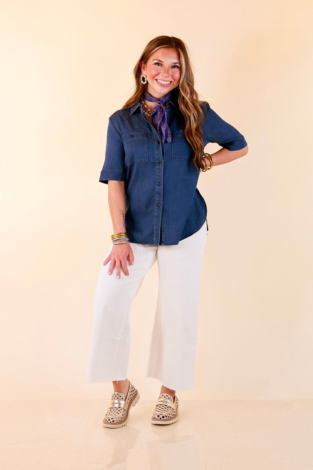 Lyssé | Best Dressed Short Sleeve Button Down Chambray Denim Shirt in Dark Wash